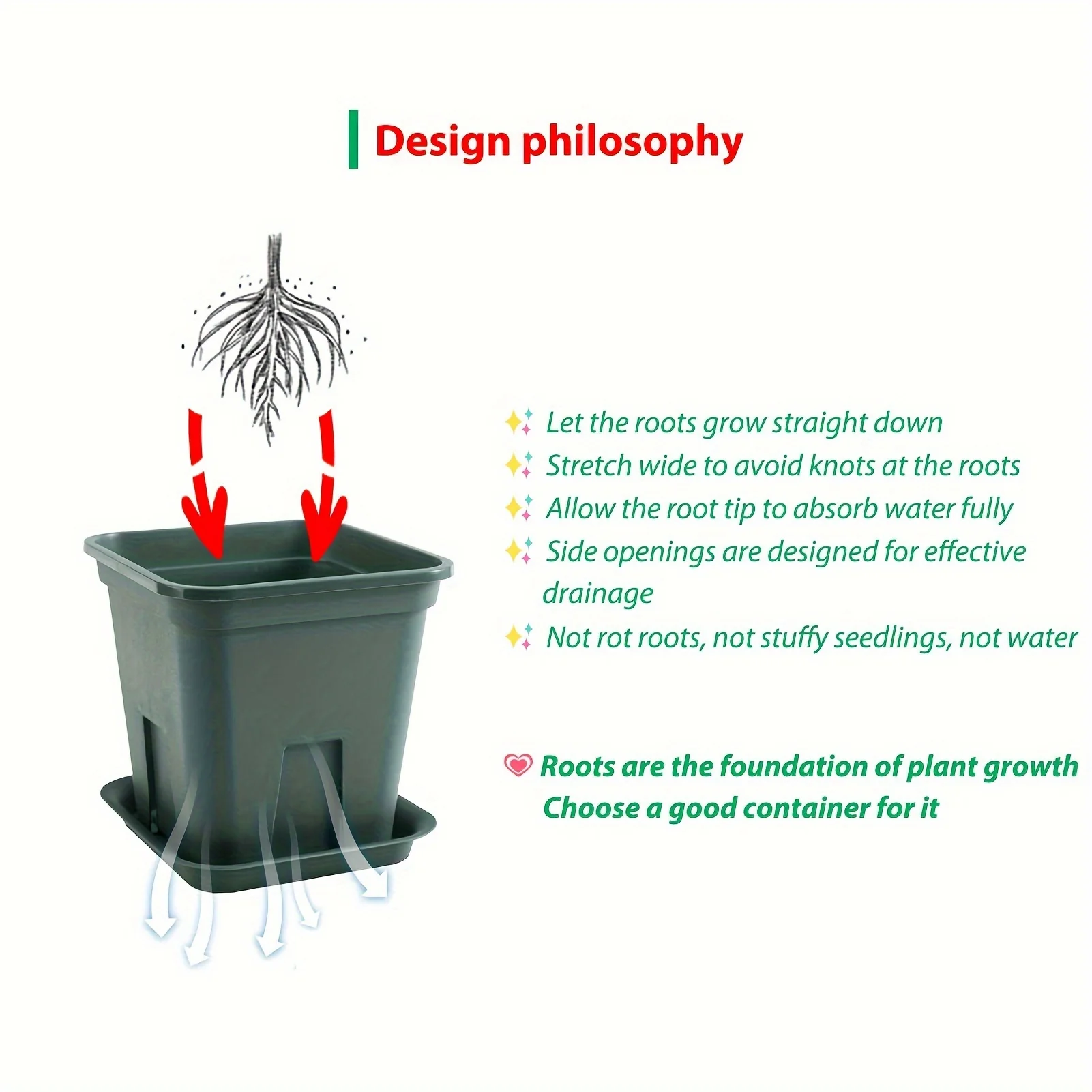 Castle Peak Basin Planters 3 Sets Big Flowerpot Planters - Breathable Square Pots for Plants, 21.5x15.2x21.5cm, Green Planter Pot